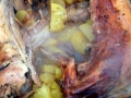 Top of the Vrshnik removed showing cooked wild rabbit and potatoes
